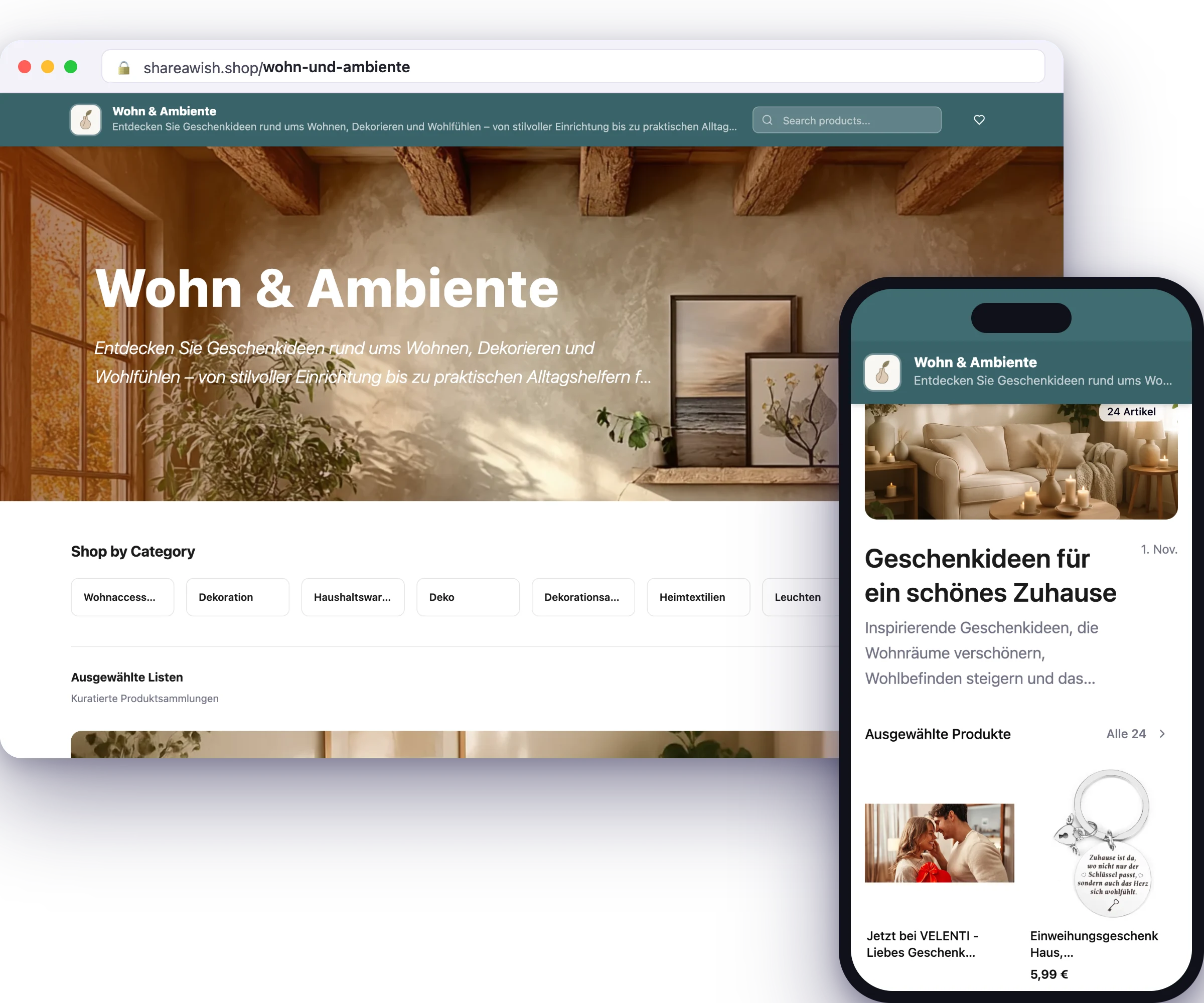 A creator shop on shareawish.shop in the browser and on a phone